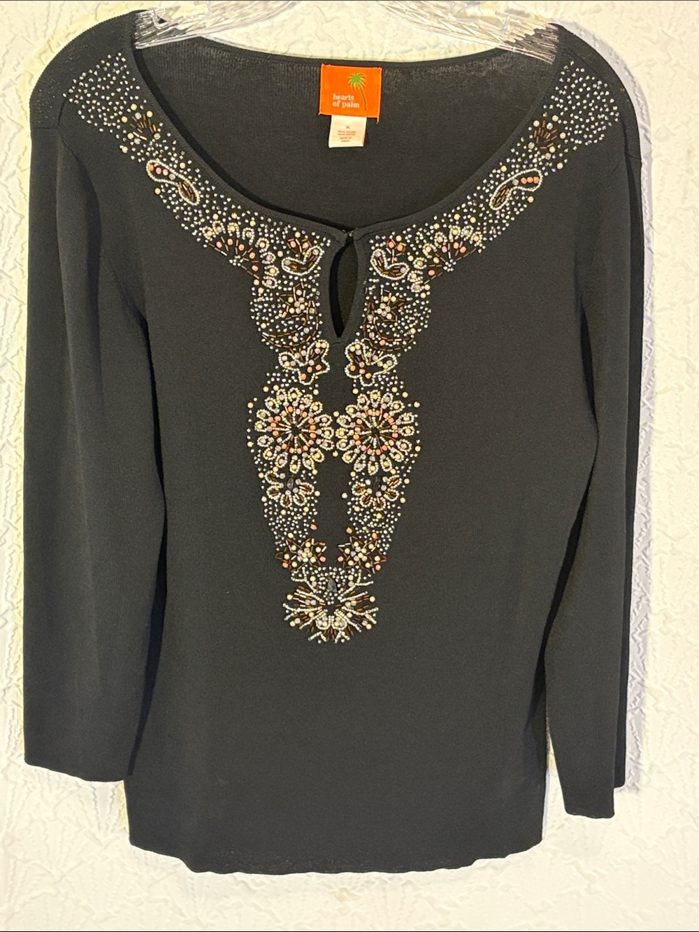 hearts of palm Black Jeweled Long-Sleeve Bohemian Top Beaded Floral Design